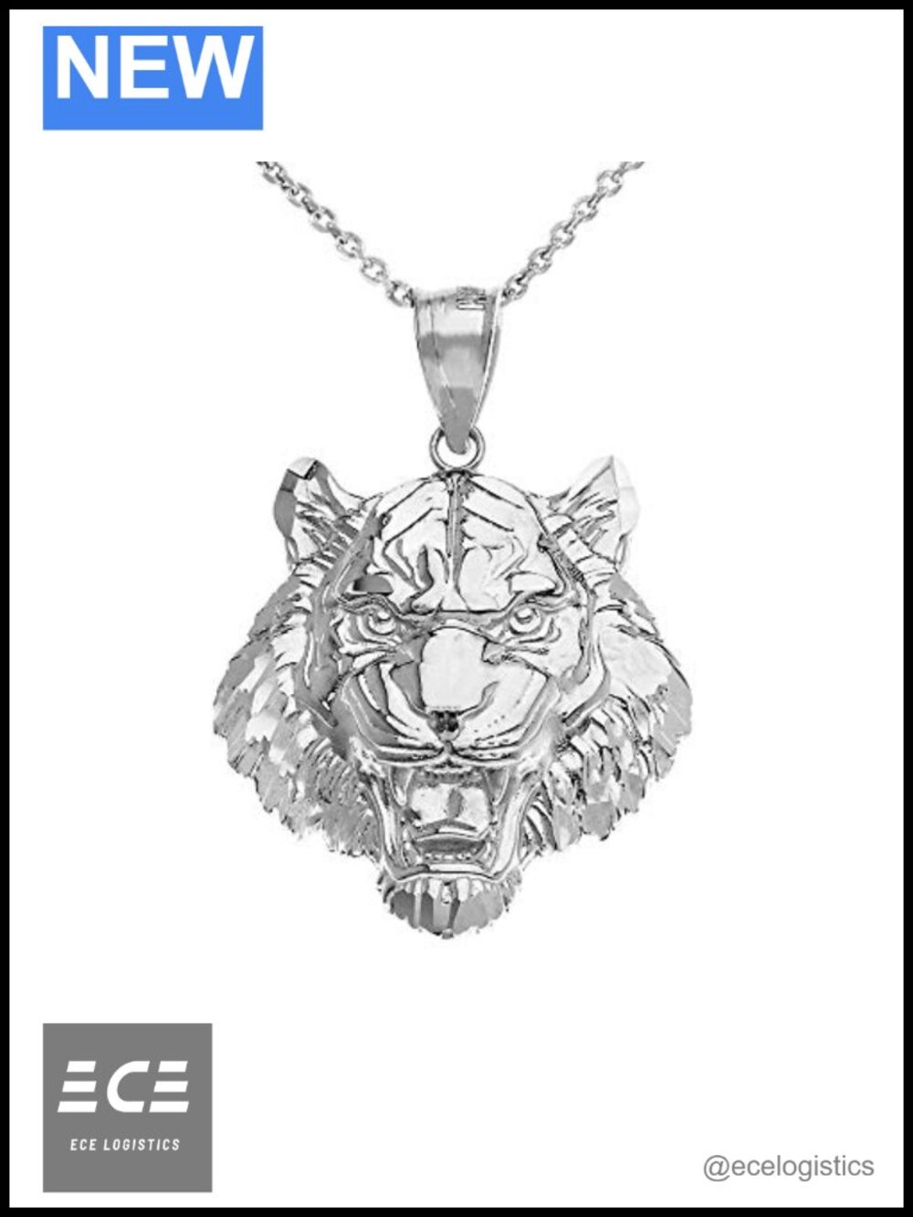 925 Sterling Silver Roaring Tiger Head Pendant Necklace 22" Rolo Chain
